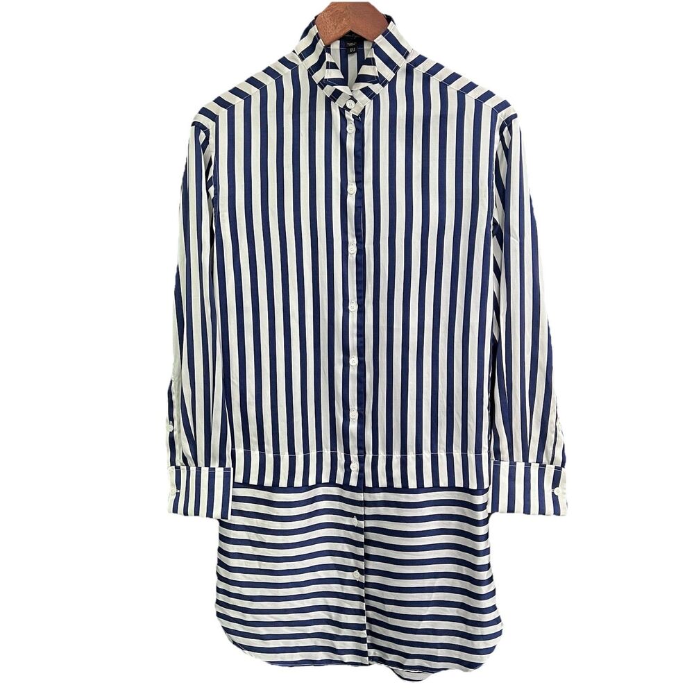 Burberry Striped Silk Dress Tunic Button Down  Size 2 Blue White